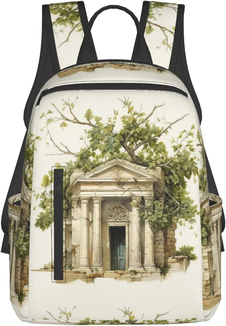 Antique Building with Roman Olive Branch and Greek Lightweight Backpack DAY BACKPACK with Front Zipper Pockets & Side Patch Bags. Unisex BACKPACKS