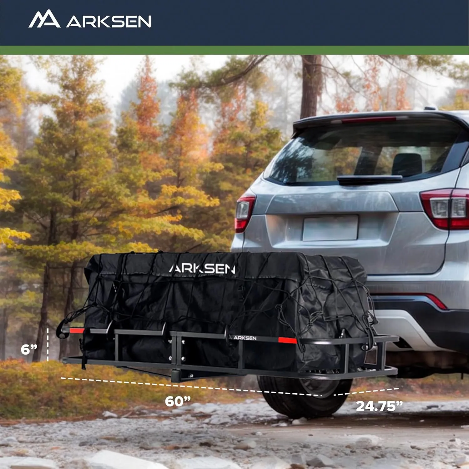 ARKSEN Heavy Duty Angled Cargo Carrier Tow Hitch with Waterproof Bag, Folding Luggage Storage Basket for Camping or Traveling, SUV, Pickup Truck or Car, 500 lbs Capacity, 60 x 24 x 6 Inch