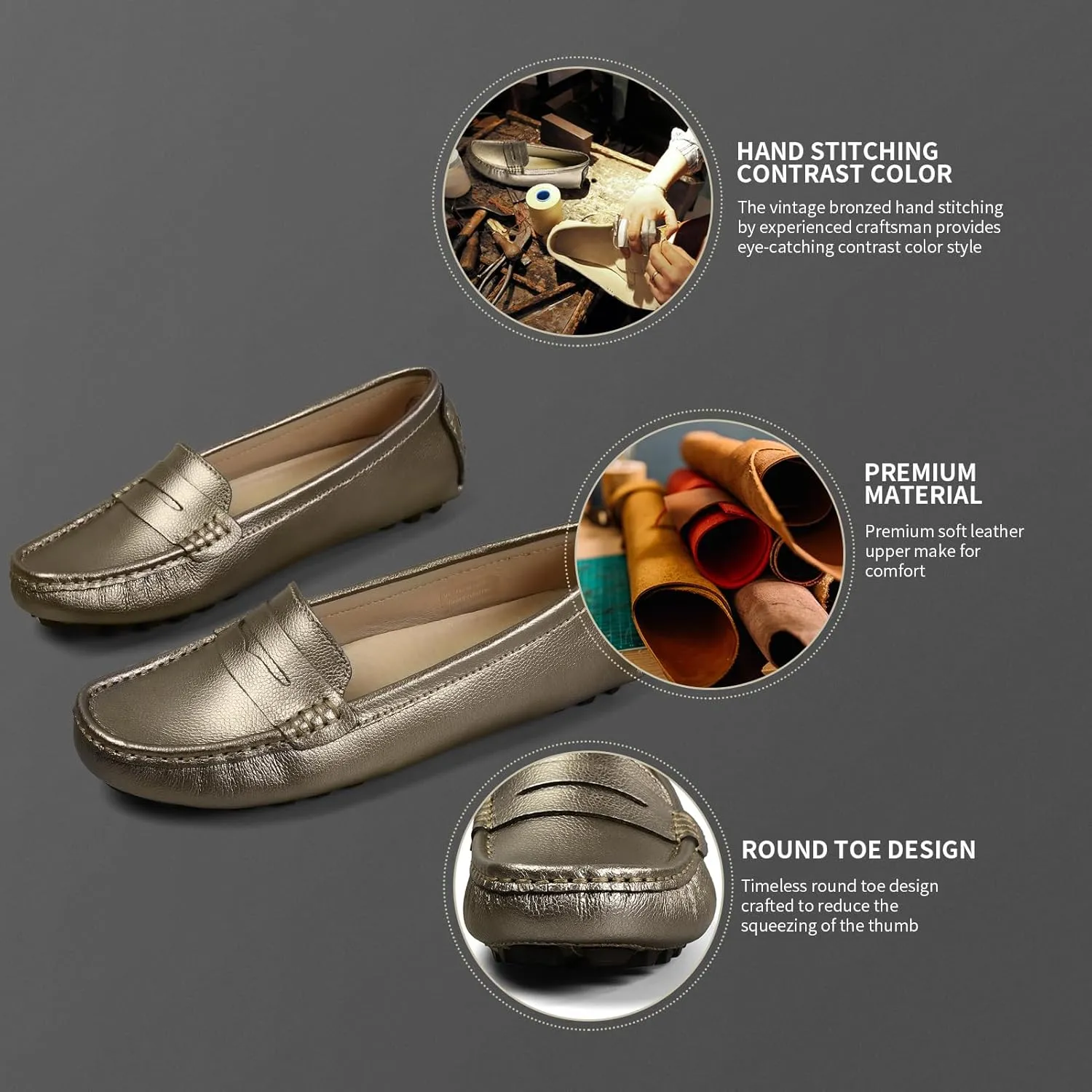 Artisure Women's Classic Comfort Leather Penny Loafers Casual Slip-Ons Lightweight Walking Flats Driving Mocs Boat Shoes