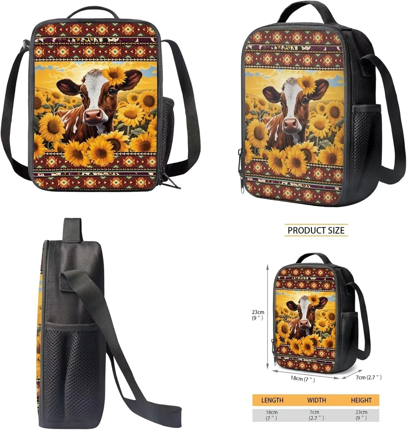 Aztec Sunflower Cow 3Pcs School Backpack for Girls Boys Elementary Primary 17 inch LiightweightKids Bookbag with Lunch Box Personalized School Bags for Middle School Teens Children