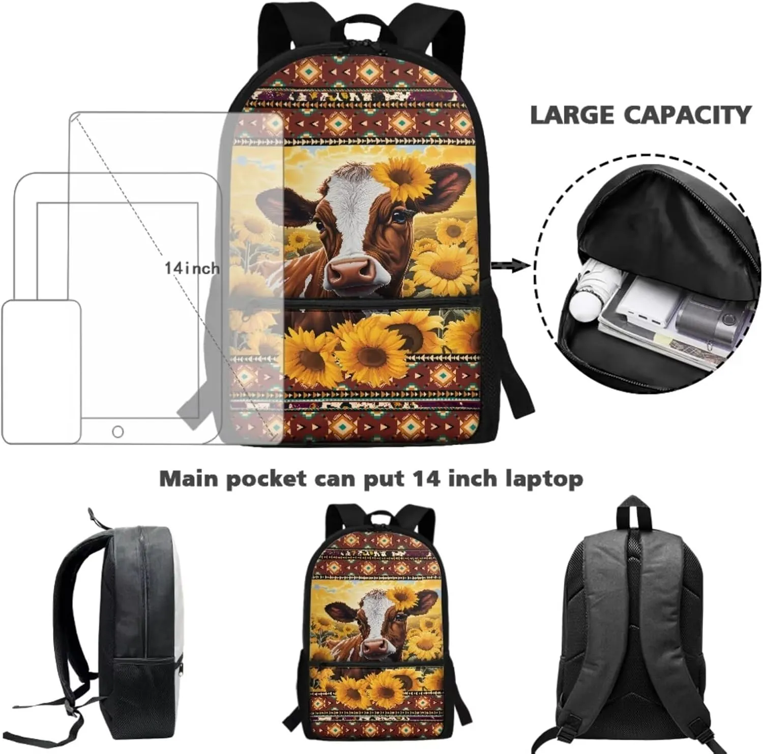 Aztec Sunflower Cow 3Pcs School Backpack for Girls Boys Elementary Primary 17 inch LiightweightKids Bookbag with Lunch Box Personalized School Bags for Middle School Teens Children