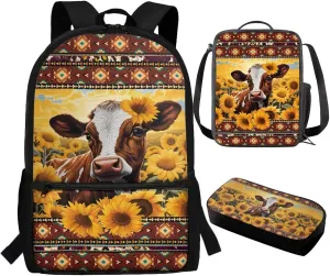 Aztec Sunflower Cow 3Pcs School Backpack for Girls Boys Elementary Primary 17 inch LiightweightKids Bookbag with Lunch Box Personalized School Bags for Middle School Teens Children