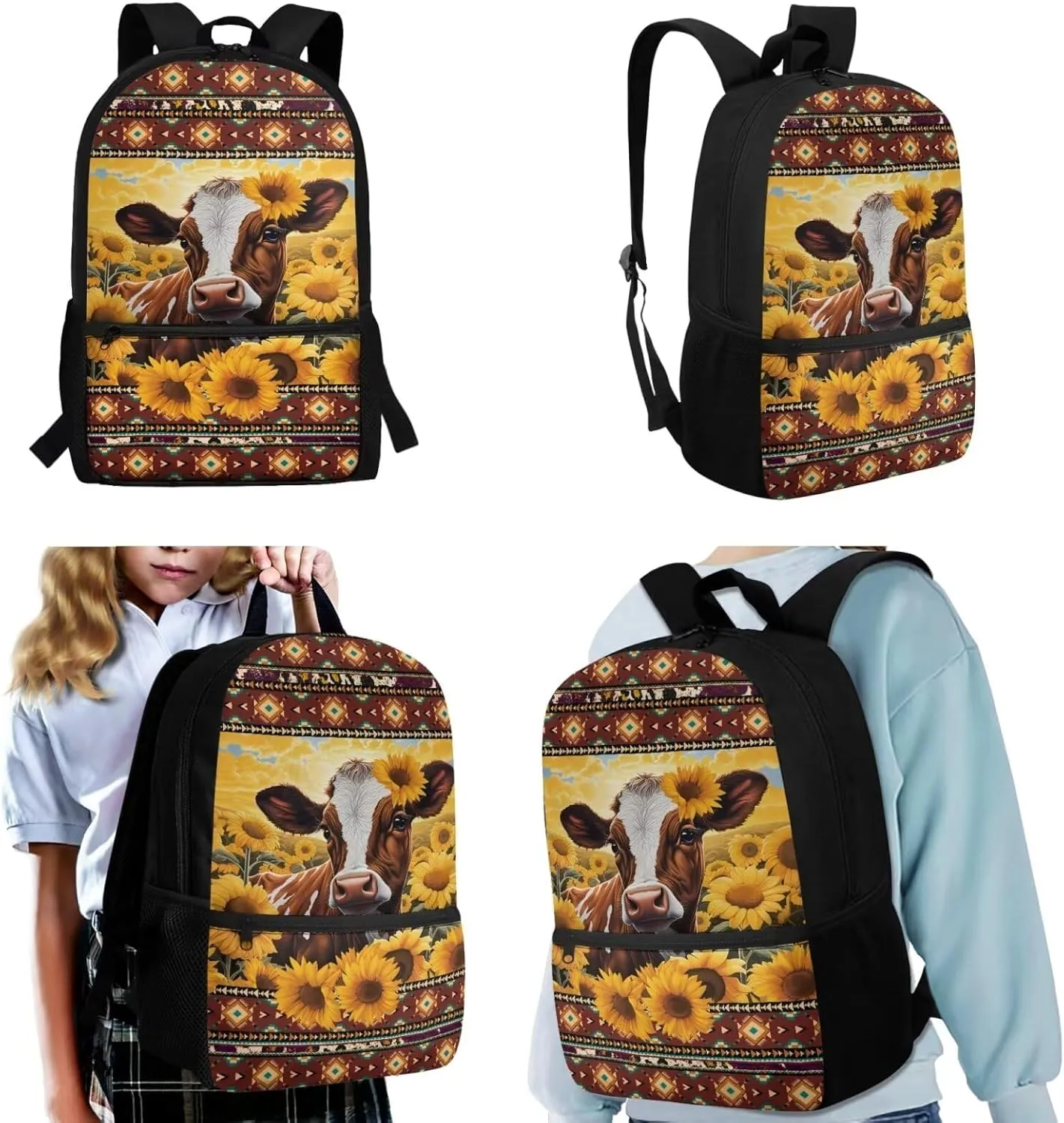 Aztec Sunflower Cow 3Pcs School Backpack for Girls Boys Elementary Primary 17 inch LiightweightKids Bookbag with Lunch Box Personalized School Bags for Middle School Teens Children