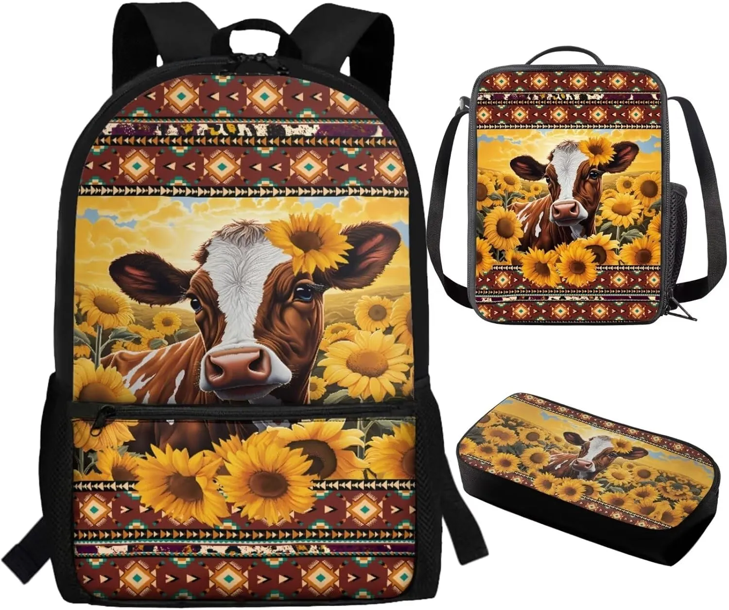 Aztec Sunflower Cow 3Pcs School Backpack for Girls Boys Elementary Primary 17 inch LiightweightKids Bookbag with Lunch Box Personalized School Bags for Middle School Teens Children