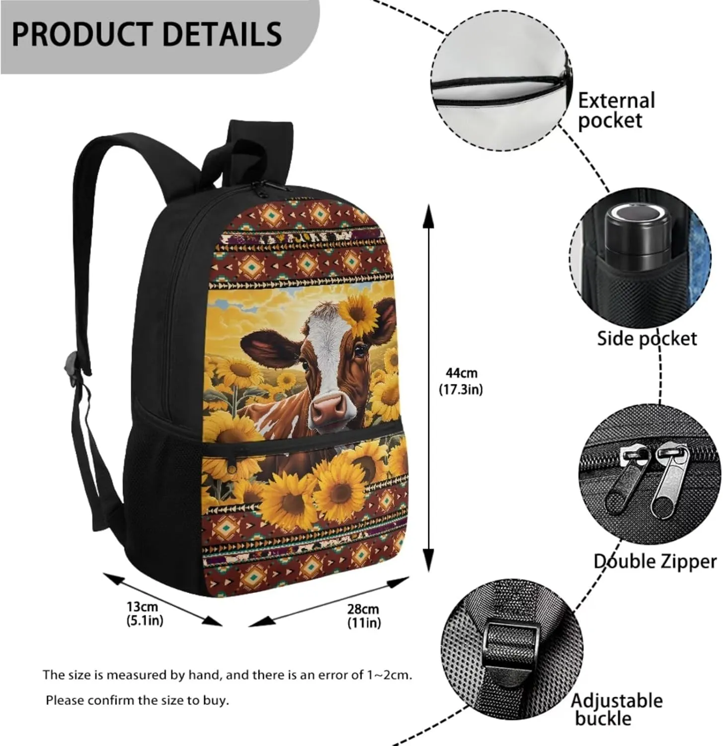 Aztec Sunflower Cow 3Pcs School Backpack for Girls Boys Elementary Primary 17 inch LiightweightKids Bookbag with Lunch Box Personalized School Bags for Middle School Teens Children