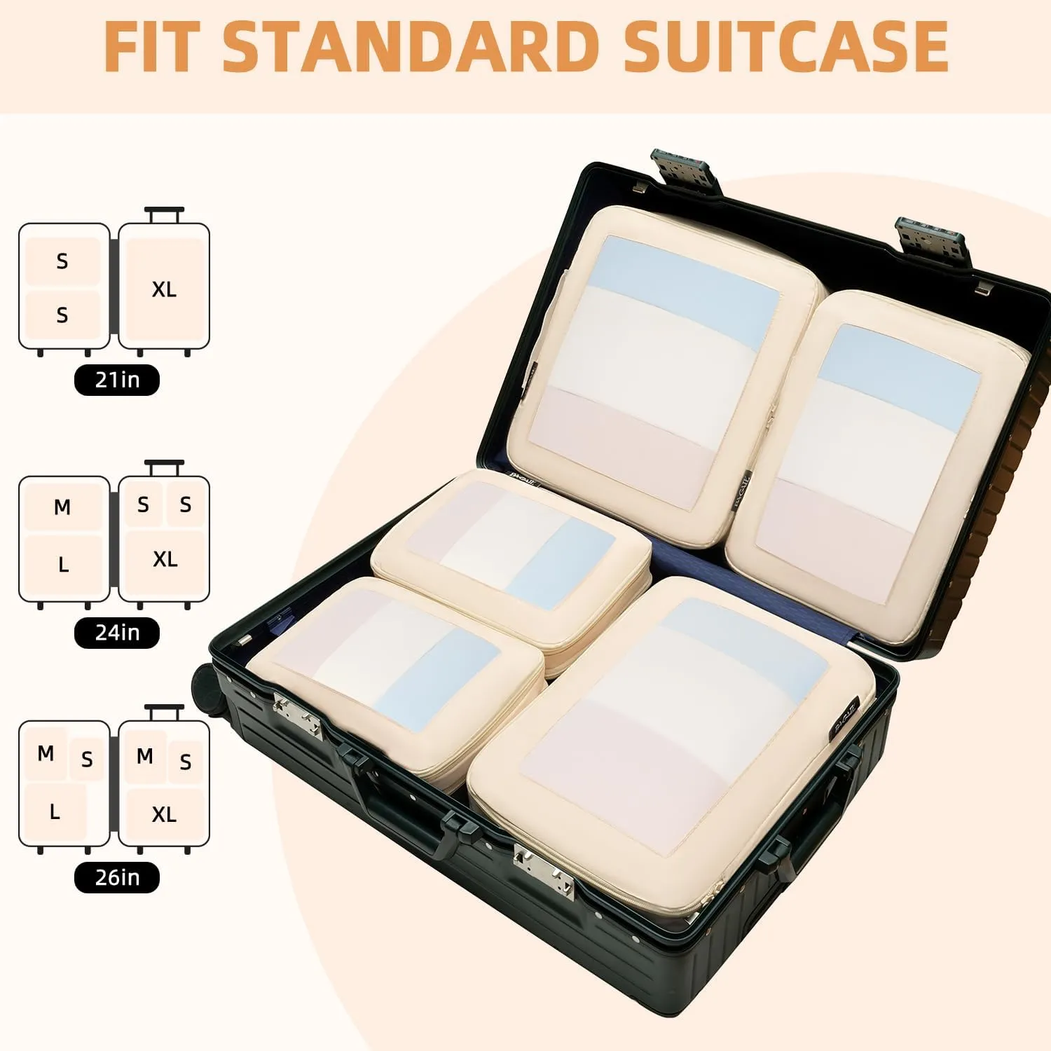 BAGAIL 4 Set/6 Set/8 Set Compression Packing Cubes Travel Accessories Expandable Packing Organizers(Beige SquareMesh 6 Set)