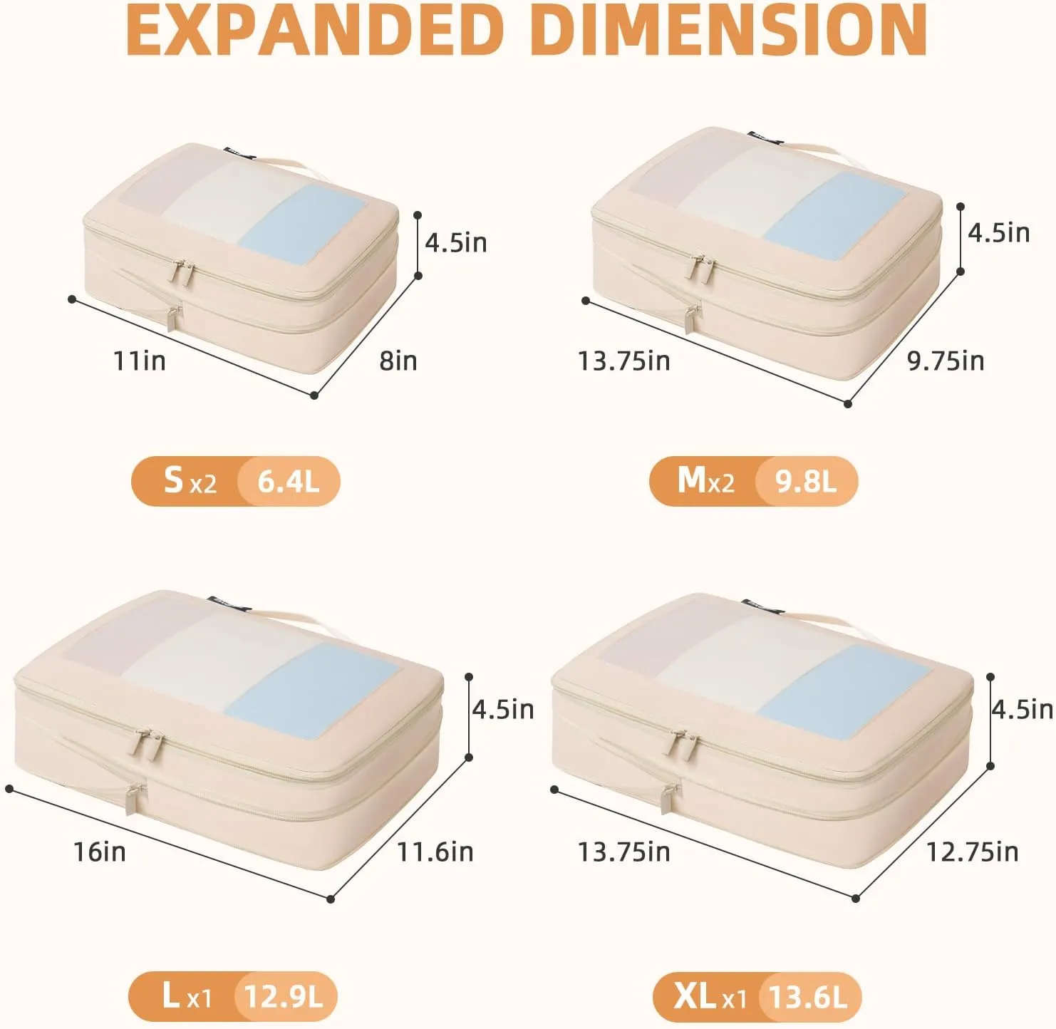 BAGAIL 4 Set/6 Set/8 Set Compression Packing Cubes Travel Accessories Expandable Packing Organizers(Beige SquareMesh 6 Set)