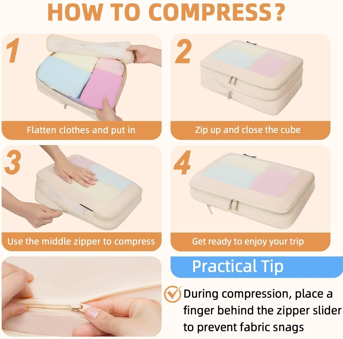 BAGAIL 4 Set/6 Set/8 Set Compression Packing Cubes Travel Accessories Expandable Packing Organizers(Beige SquareMesh 6 Set)