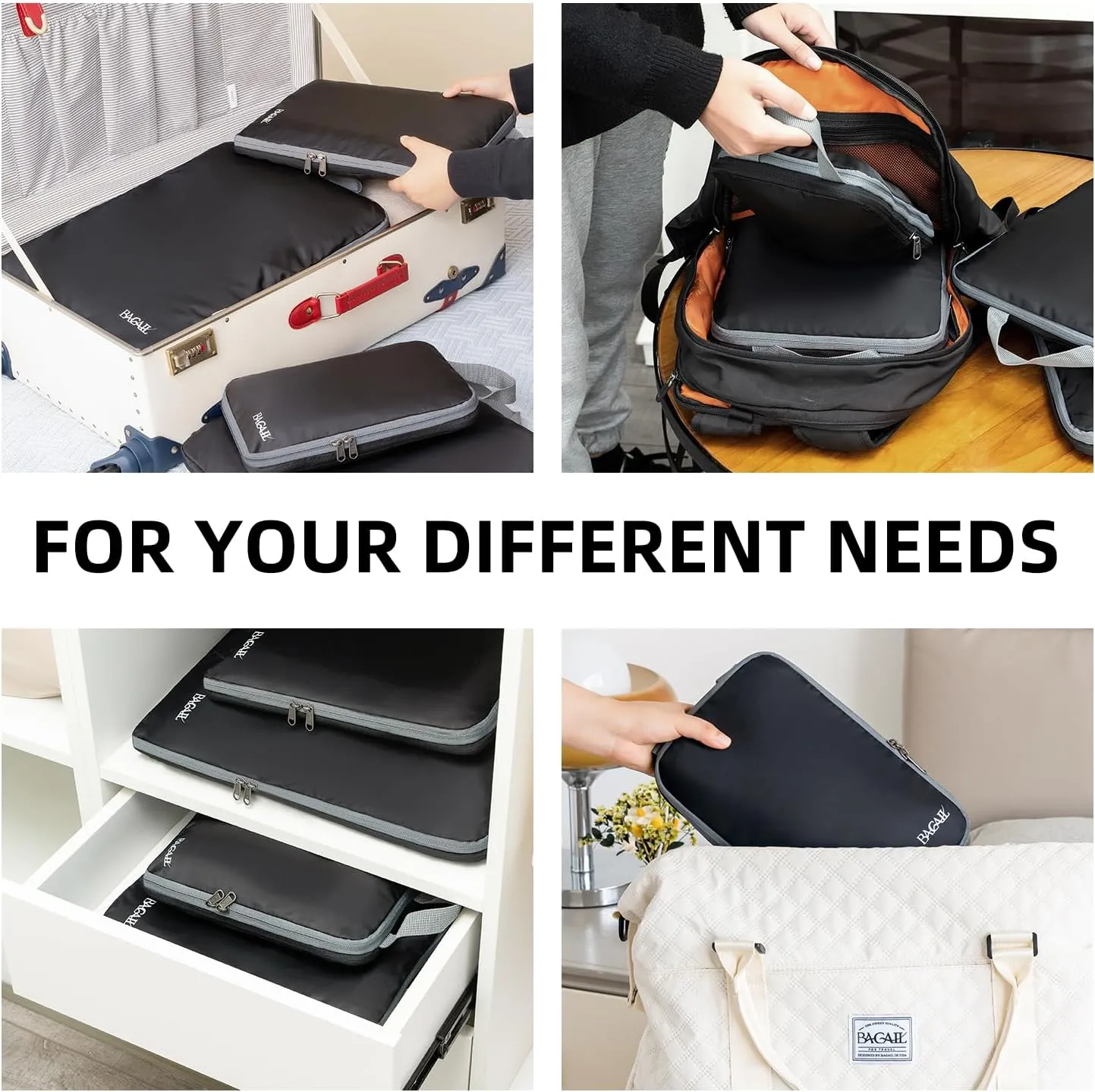 BAGAIL 4 Set/6 Set/8 Set Compression Packing Cubes Travel Accessories Expandable Packing Organizers(Black ClothPattern 4 Set)