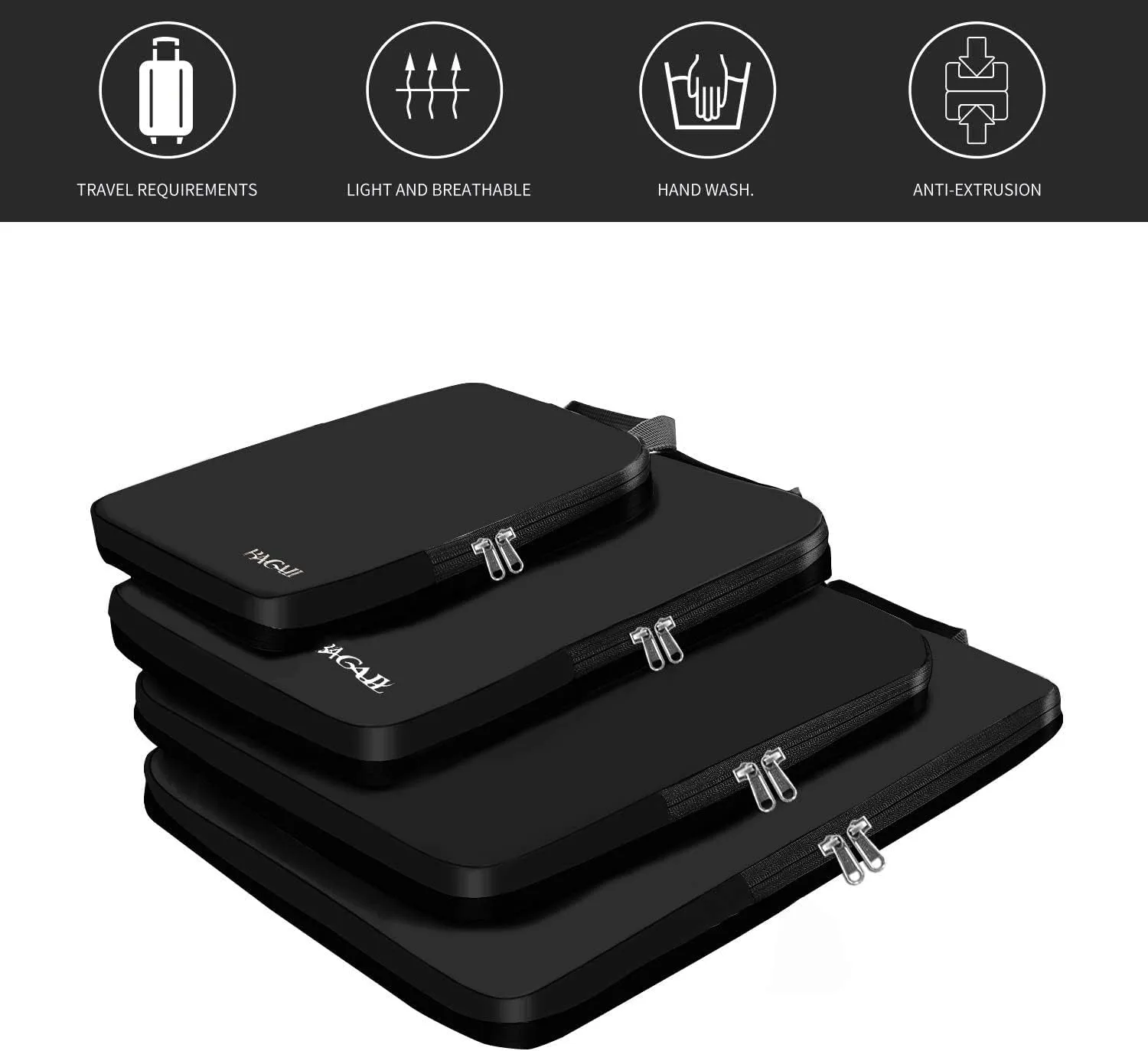 BAGAIL 4 Set/6 Set/8 Set Compression Packing Cubes Travel Accessories Expandable Packing Organizers(Black ClothPattern 4 Set)