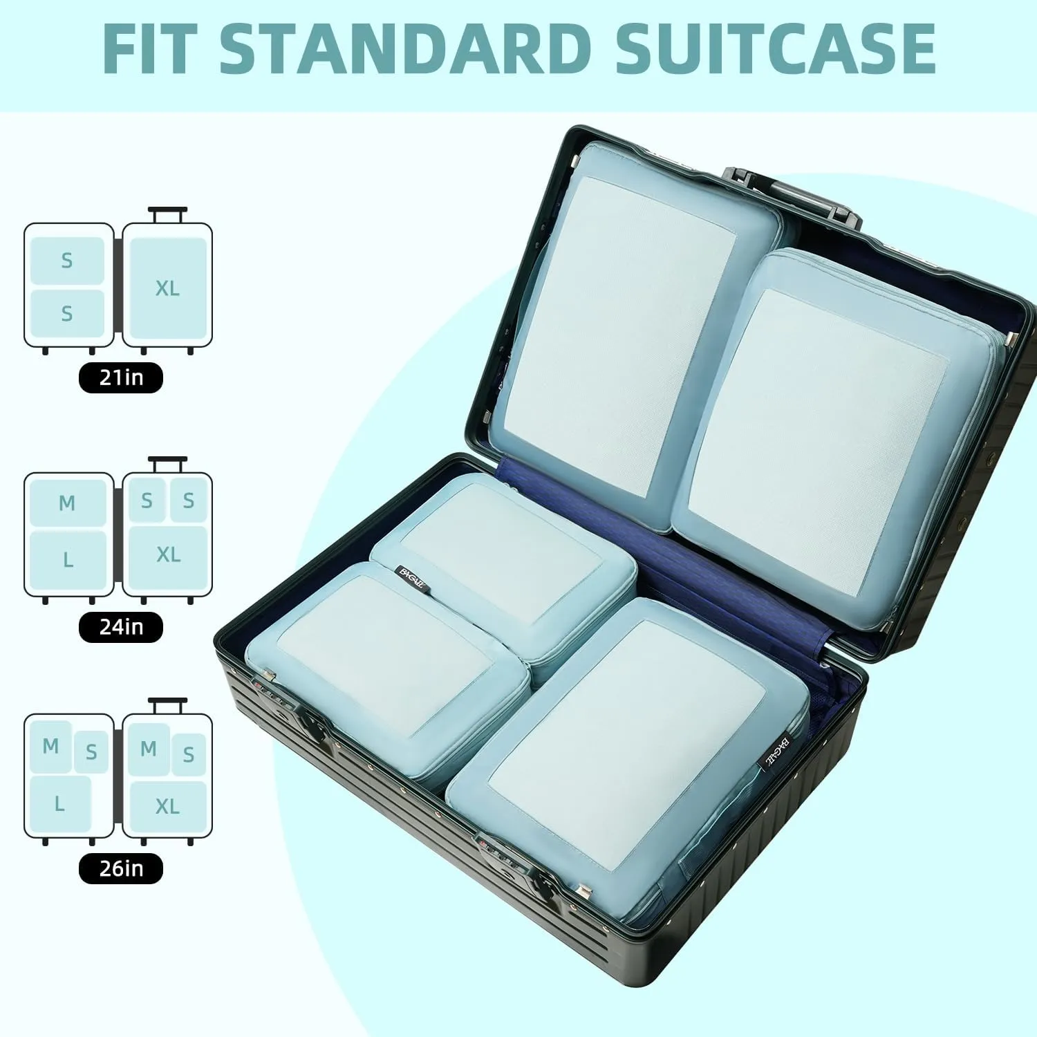BAGAIL 4 Set/6 Set/8 Set Compression Packing Cubes Travel Accessories Expandable Packing Organizers(DustyBlue SquareMesh 6 Set)
