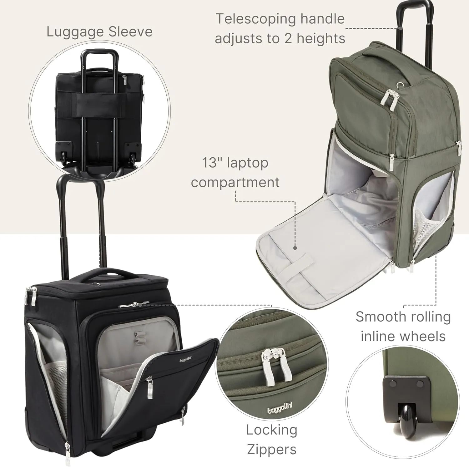 Baggallini Expandable Underseat Carry-On - Lightweight Travel Luggage Carry On Weekender with Wheels