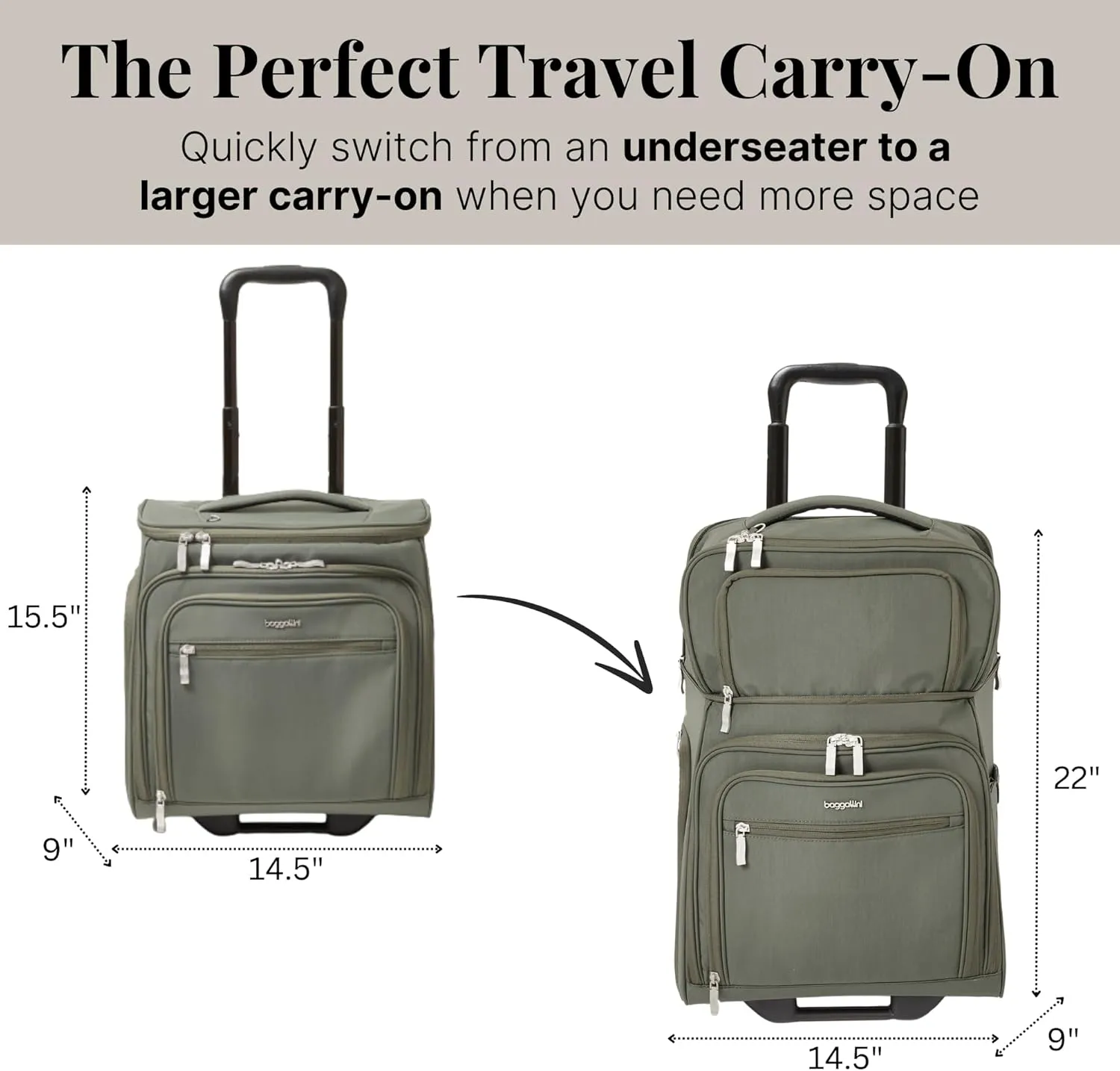 Baggallini Expandable Underseat Carry-On - Lightweight Travel Luggage Carry On Weekender with Wheels