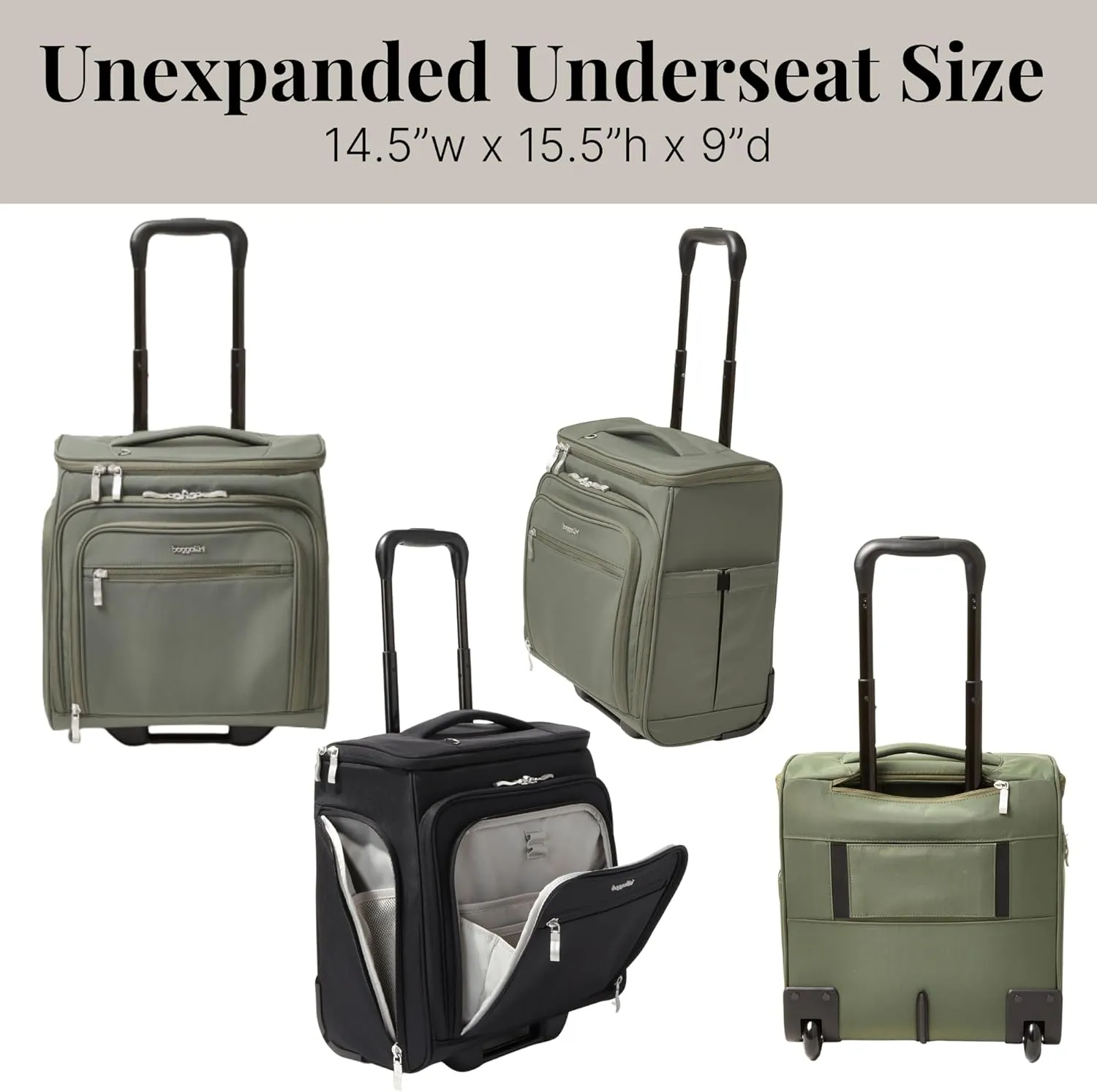 Baggallini Expandable Underseat Carry-On - Lightweight Travel Luggage Carry On Weekender with Wheels