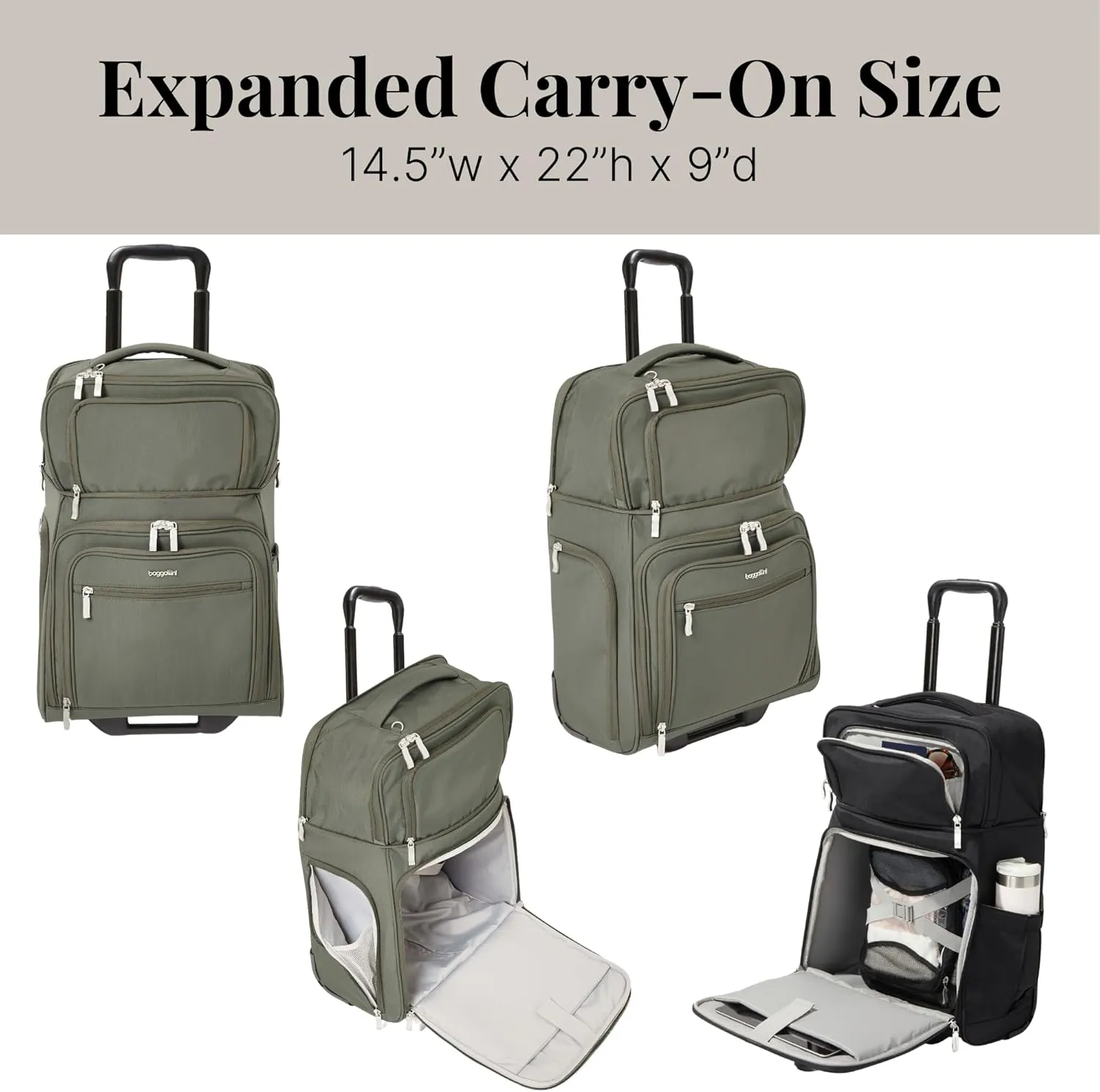 Baggallini Expandable Underseat Carry-On - Lightweight Travel Luggage Carry On Weekender with Wheels