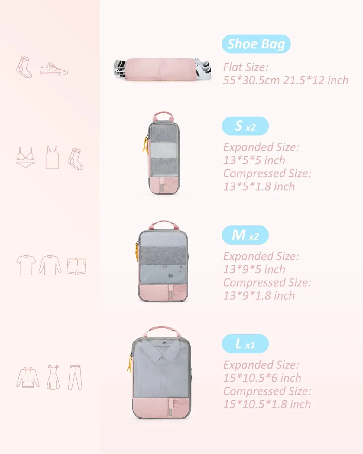BAGSMART 6 Set Compression Packing Cubes - Lightweight Travel Essentials, Durable Luggage Organizer