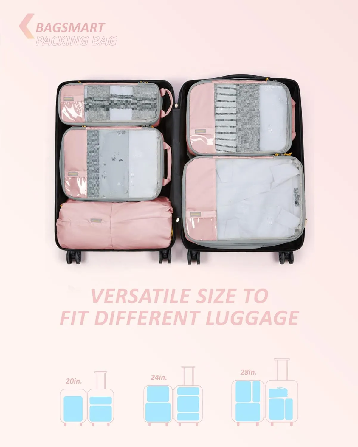 BAGSMART 6 Set Compression Packing Cubes - Lightweight Travel Essentials, Durable Luggage Organizer