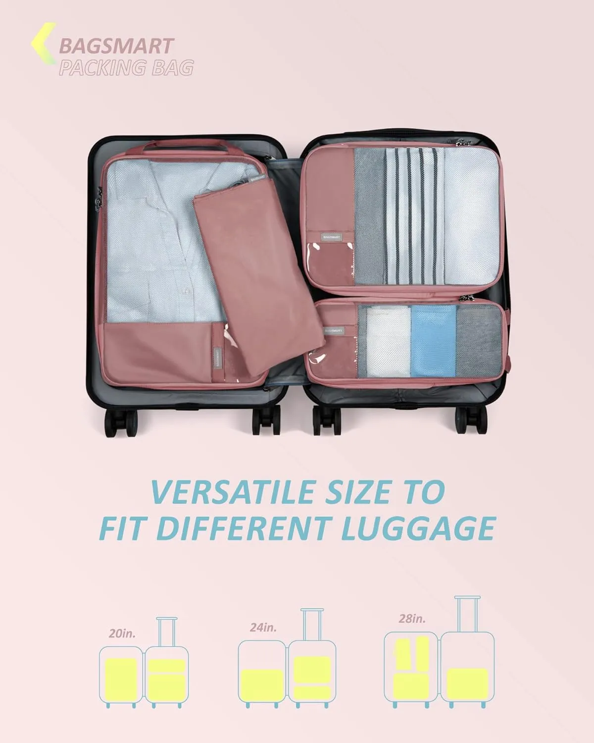 BAGSMART 6 Set Compression Packing Cubes - Lightweight Travel Essentials, Durable Luggage Organizer