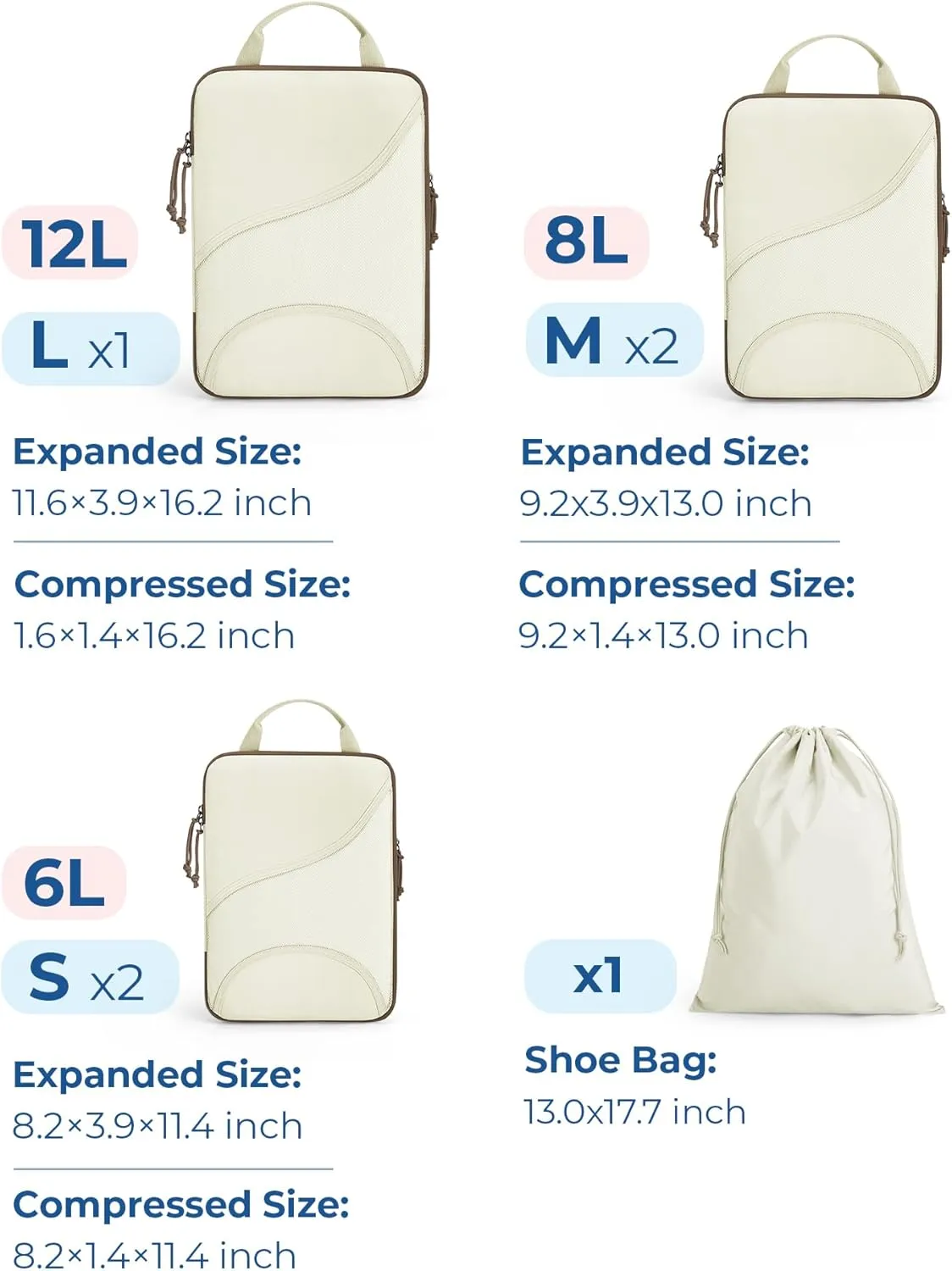 BAGSMART Compression Packing Cubes - 6 Set Travel Packing Cubes for Suitcases, Compression Suitcase Organizers with Shoe Bag