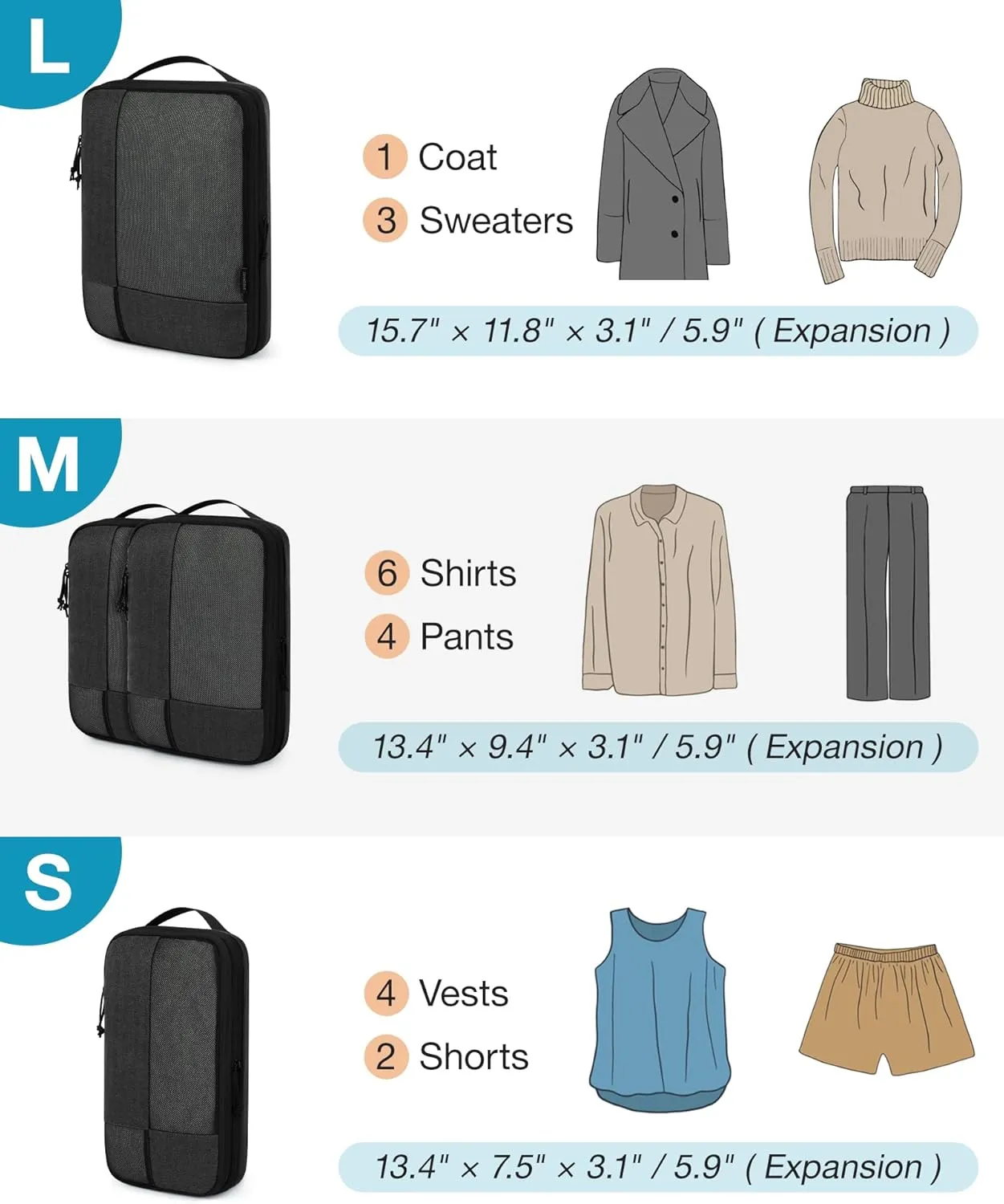 BAGSMART Compression Packing Cubes for Travel, 4 Set Packing Cubes for Carry on Suitcases, Compression Travel Cubes & Suitcase Organizer for Packing with Shoe Bag Black