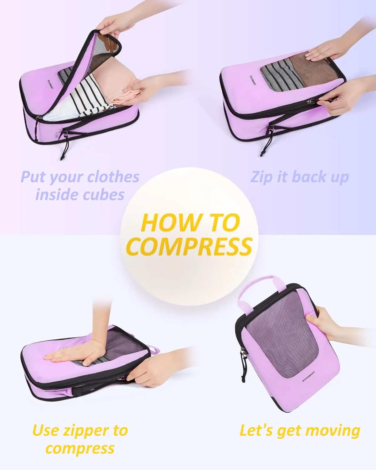 BAGSMART Compression Packing Cubes for Travel, 6 Set/4 Set Packing Cubes for Suitcases, Compression Suitcase Organizer Bags Set for Travel Essentials, Lightweight Packing Organizers