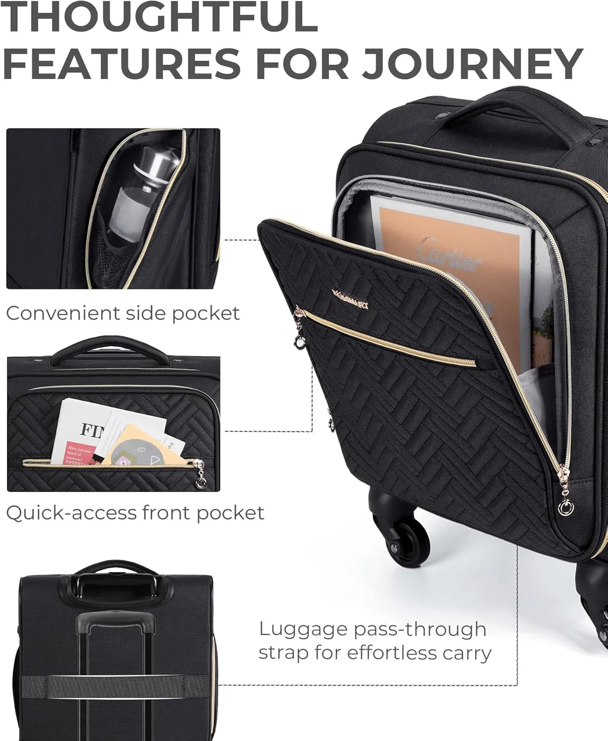 BAGSMART Underseat Carry On luggage Airline approved, 16-inch Softside Underseater Travel Suitcase with Spinner Wheels Lightweight Overnight Bag Small Rolling Carry-on for Women Men Weekender,Black