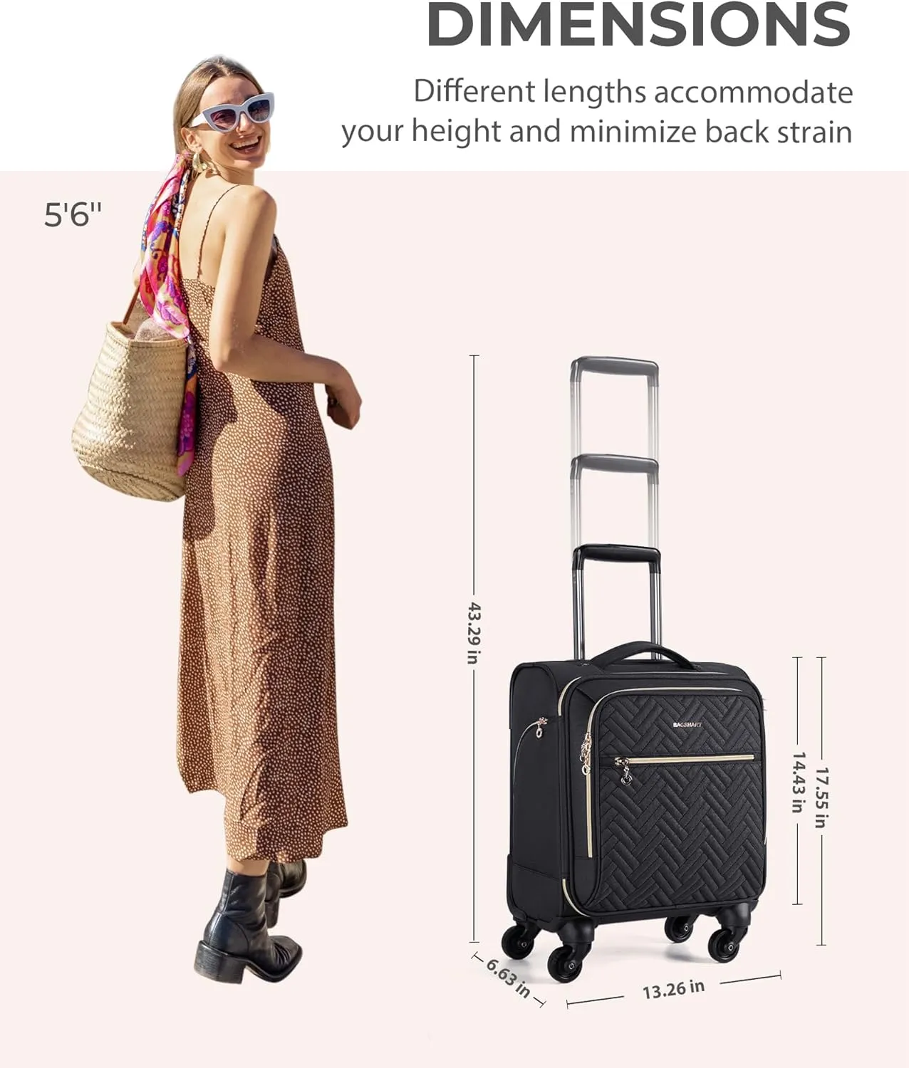 BAGSMART Underseat Carry On luggage Airline approved, 16-inch Softside Underseater Travel Suitcase with Spinner Wheels Lightweight Overnight Bag Small Rolling Carry-on for Women Men Weekender,Black