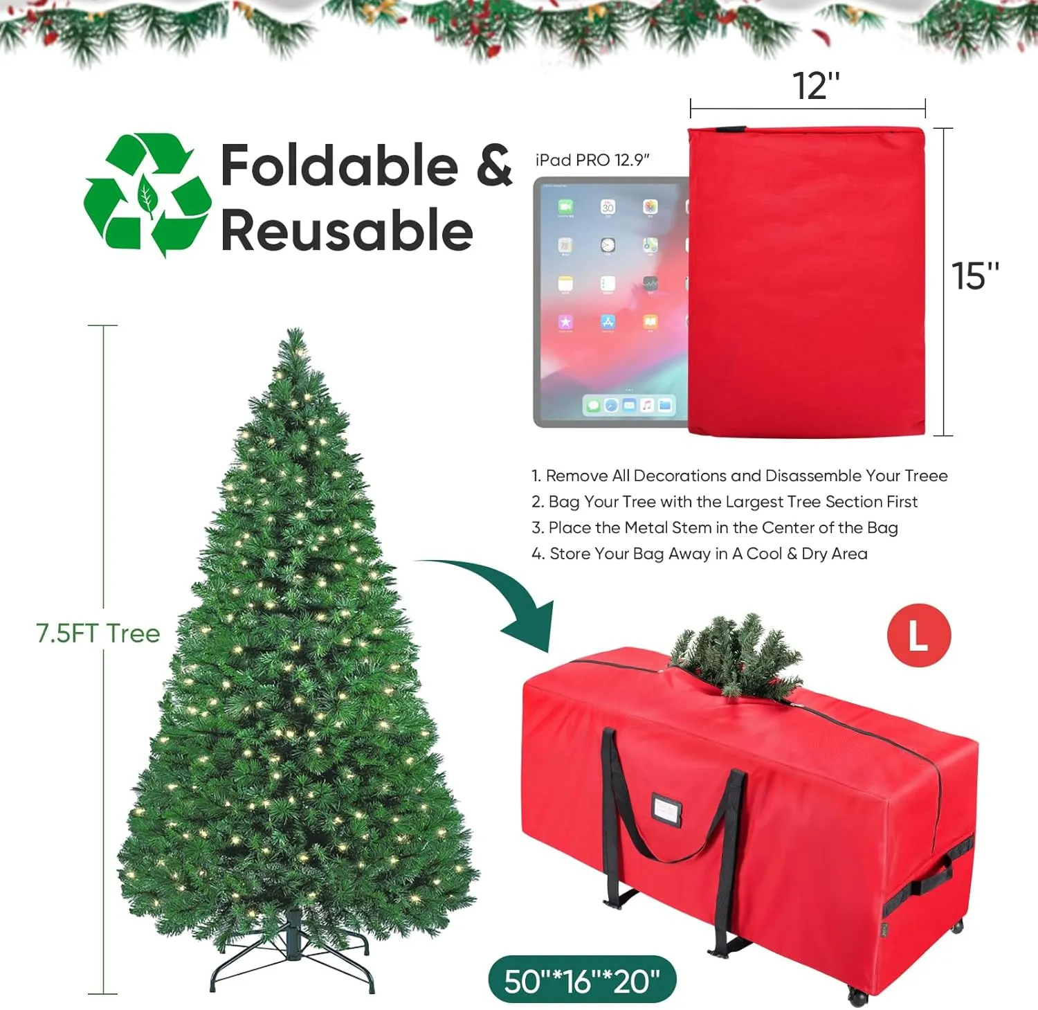 BALEINE 7.5 ft Rolling Christmas Tree Storage Bag, 2 Swivel Wheels for Easy Moving, Heavy Duty 600D Oxford Fabric Extra Large Artificial Christmas Tree Bag with Reinforced Carry Handles (Black)