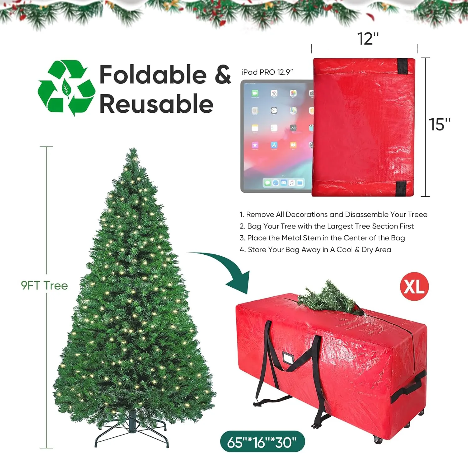 BALEINE 9 ft Rolling Christmas Tree Storage Bag, 3 Swivel Wheels for Easy Moving, Heavy Duty Extra Large Artificial Christmas Tree Bag with Reinforced Carry Handles and Fixed Buckle (Green)
