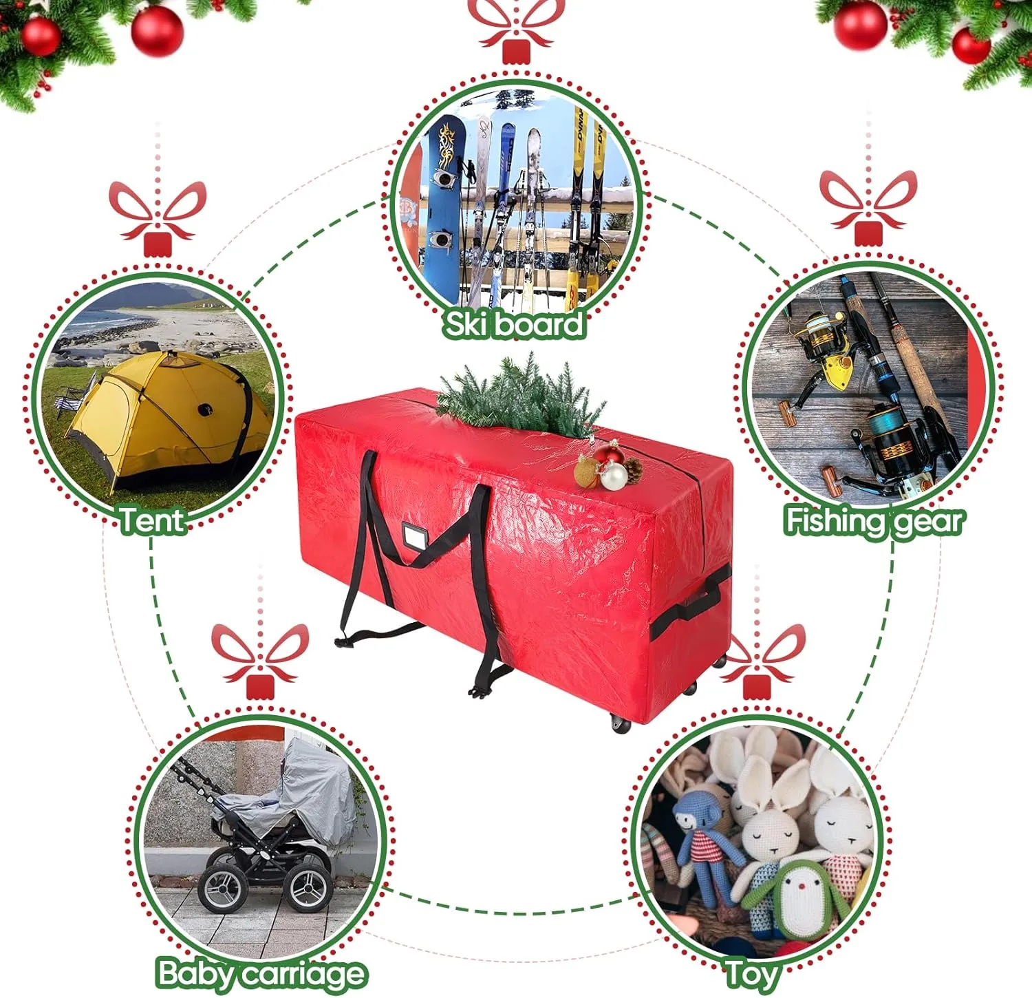 BALEINE 9 ft Rolling Christmas Tree Storage Bag, 3 Swivel Wheels for Easy Moving, Heavy Duty Extra Large Artificial Christmas Tree Bag with Reinforced Carry Handles and Fixed Buckle (Green)