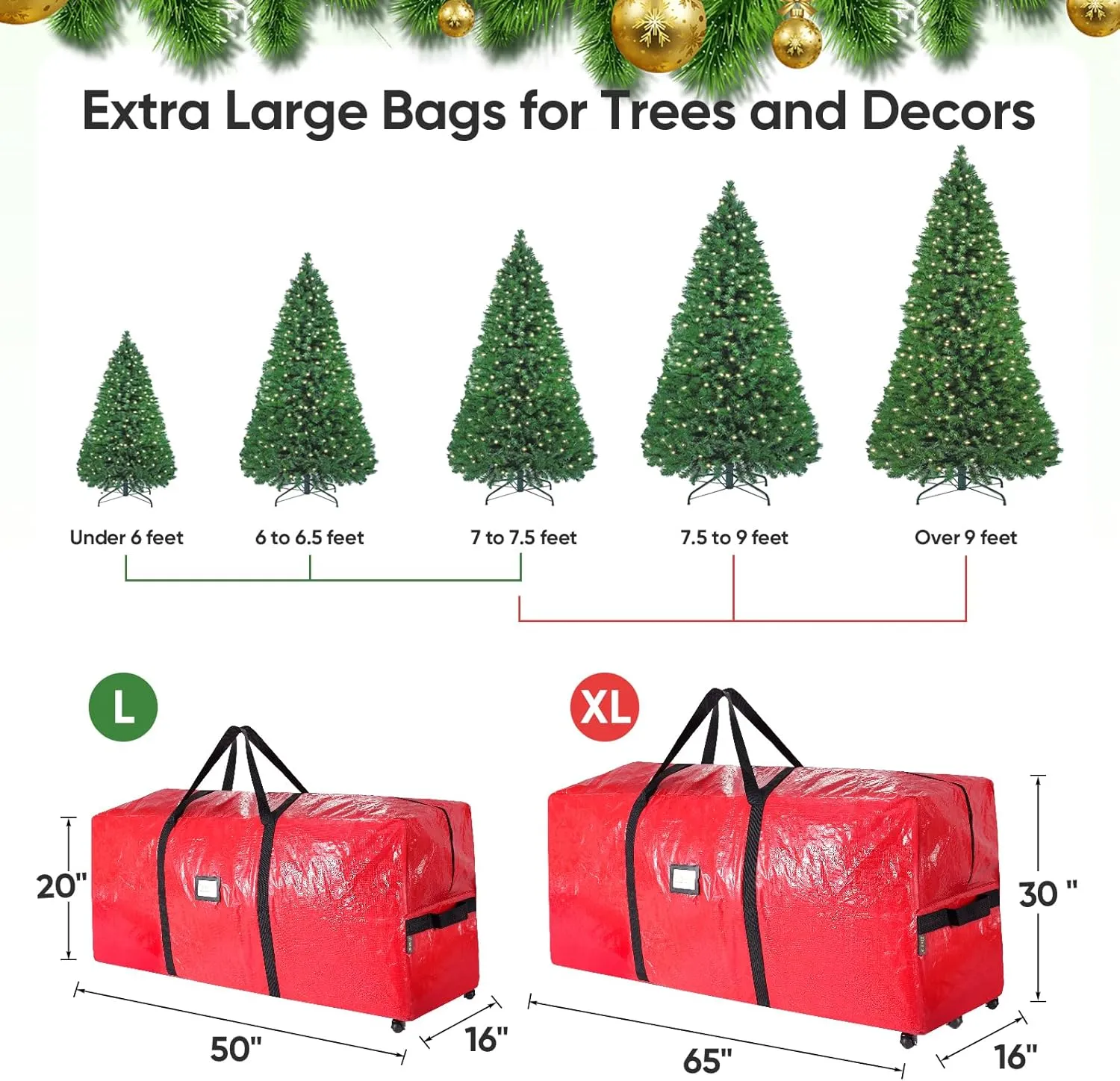 BALEINE 9 ft Rolling Christmas Tree Storage Bag, 3 Swivel Wheels for Easy Moving, Heavy Duty Extra Large Artificial Christmas Tree Bag with Reinforced Carry Handles and Fixed Buckle (Green)