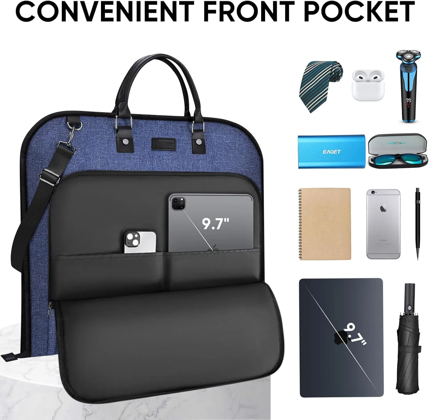 BALEINE Travel Garment Bag, Travel Suit Bag for Men, 42'' Waterproof Carry on Garment Bag for Hanging Clothes, Garment Duffel Bag for Travel Business (Blue)