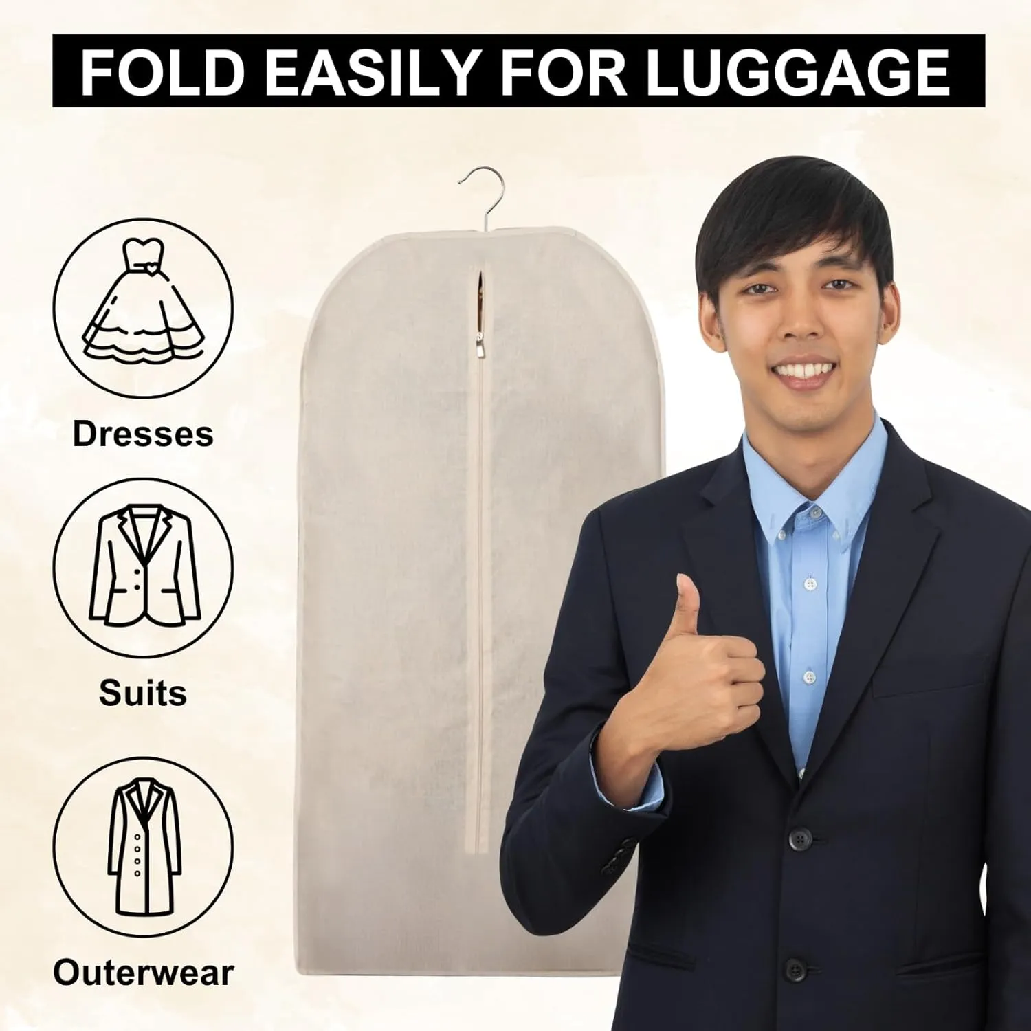 Beige Cotton Garment Bags 24 x 62 Inches with Side Zipper - Dust Proof Closet Organizer, Easy Storage Travel Bag, Garment Protector for Dress, Suit, and closet storage
