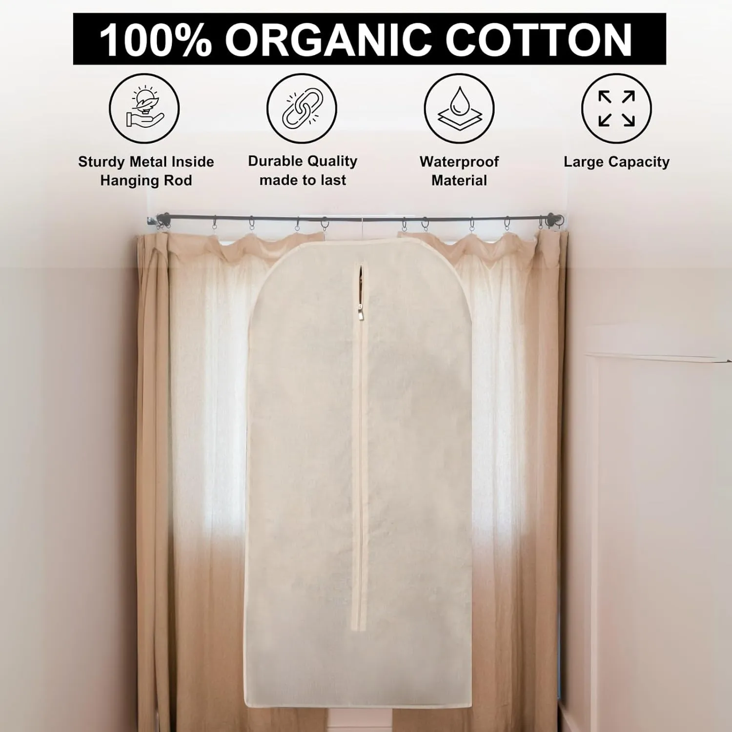 Beige Cotton Garment Bags 24 x 62 Inches with Side Zipper - Dust Proof Closet Organizer, Easy Storage Travel Bag, Garment Protector for Dress, Suit, and closet storage