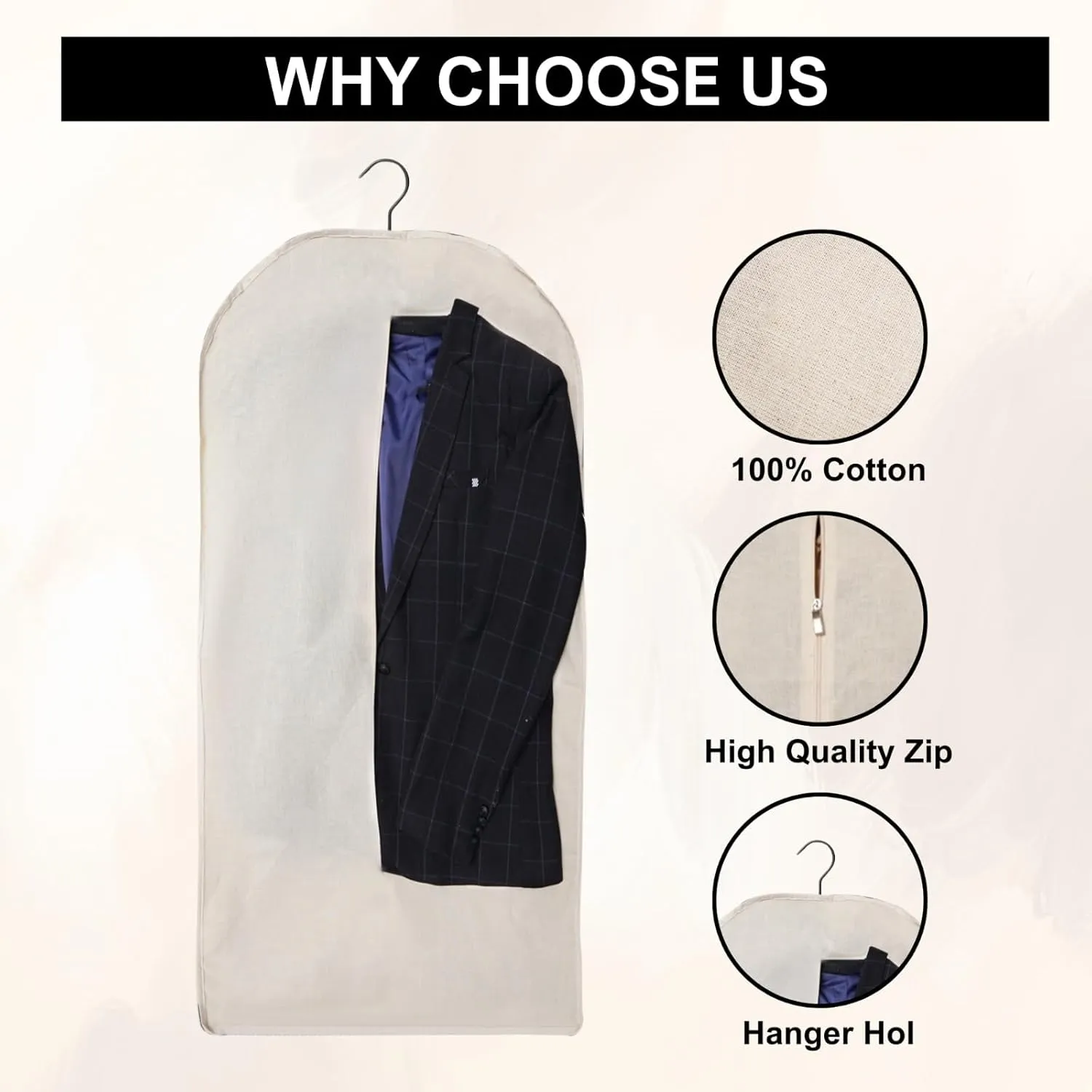 Beige Cotton Garment Bags 24 x 62 Inches with Side Zipper - Dust Proof Closet Organizer, Easy Storage Travel Bag, Garment Protector for Dress, Suit, and closet storage