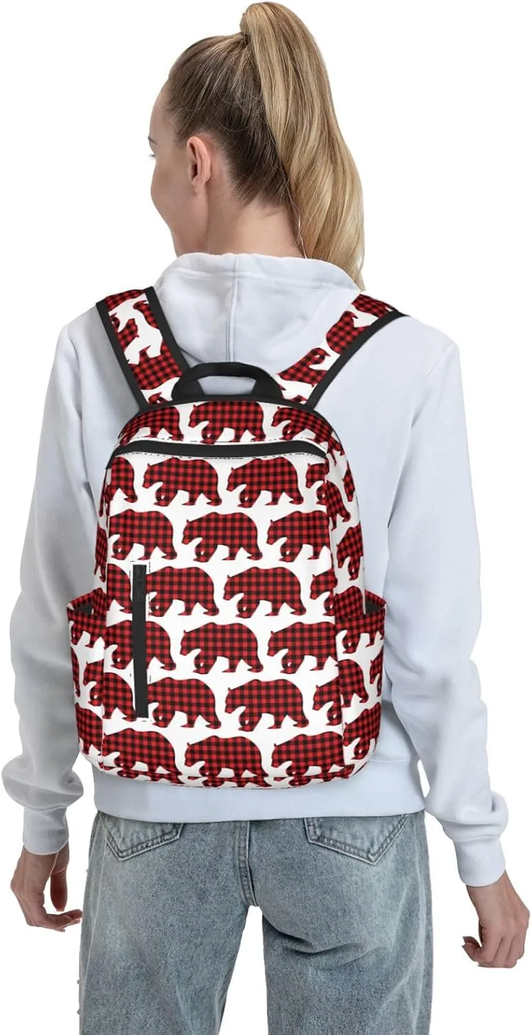 Black Red Buffalo Plaid Bears Casual Backpacks Large Capacity Laptop Backpack Sports Rucksack Travel Daypack Adjustable Shoulder Strap Work Bag for Outdoor Camping