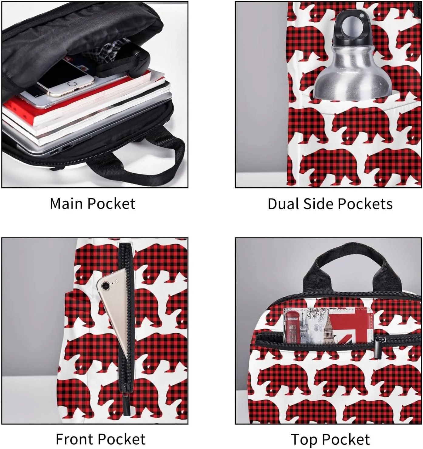 Black Red Buffalo Plaid Bears Casual Backpacks Large Capacity Laptop Backpack Sports Rucksack Travel Daypack Adjustable Shoulder Strap Work Bag for Outdoor Camping