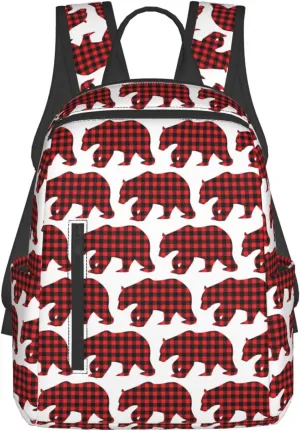 Black Red Buffalo Plaid Bears Casual Backpacks Large Capacity Laptop Backpack Sports Rucksack Travel Daypack Adjustable Shoulder Strap Work Bag for Outdoor Camping