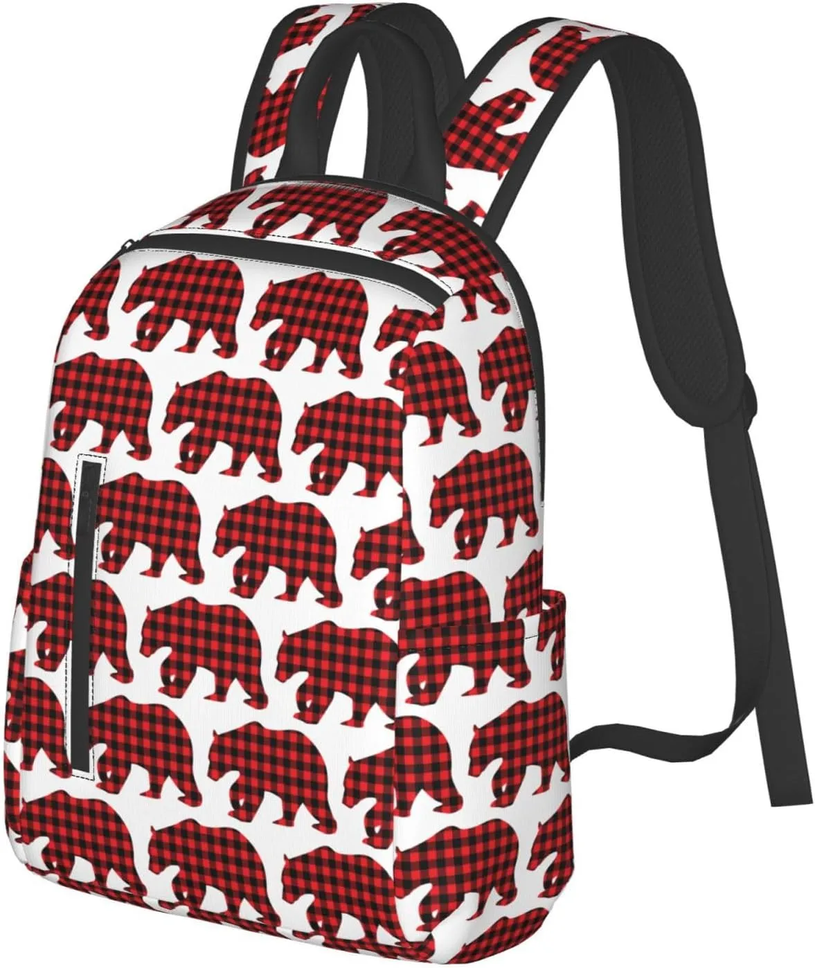 Black Red Buffalo Plaid Bears Casual Backpacks Large Capacity Laptop Backpack Sports Rucksack Travel Daypack Adjustable Shoulder Strap Work Bag for Outdoor Camping