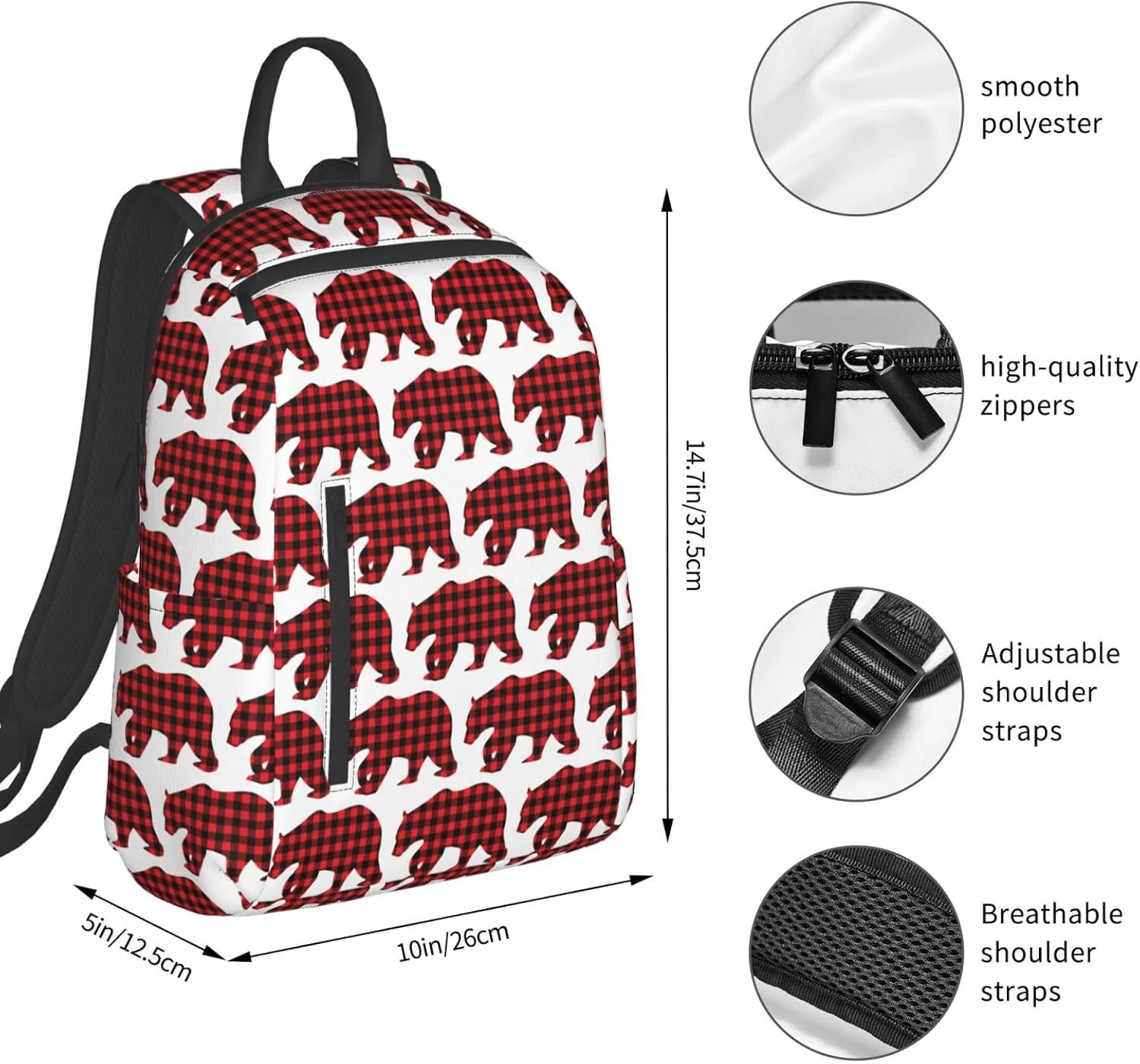 Black Red Buffalo Plaid Bears Casual Backpacks Large Capacity Laptop Backpack Sports Rucksack Travel Daypack Adjustable Shoulder Strap Work Bag for Outdoor Camping