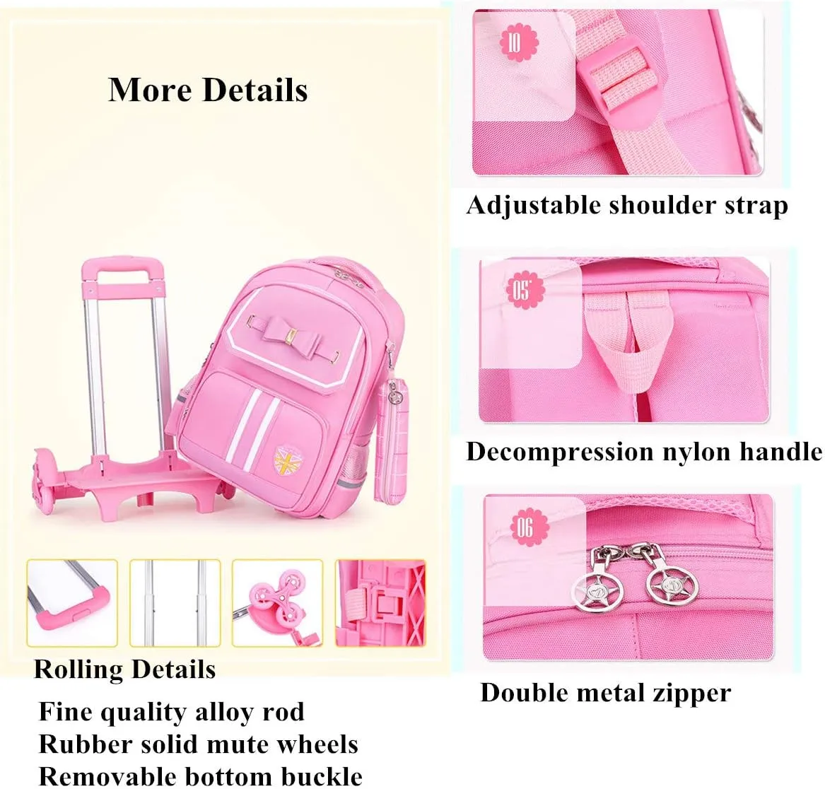 Bowknot Kids Girls Rolling Backpack Cute Carry-on Luggage with Wheels Trolly BookBag for School-2 Wheels
