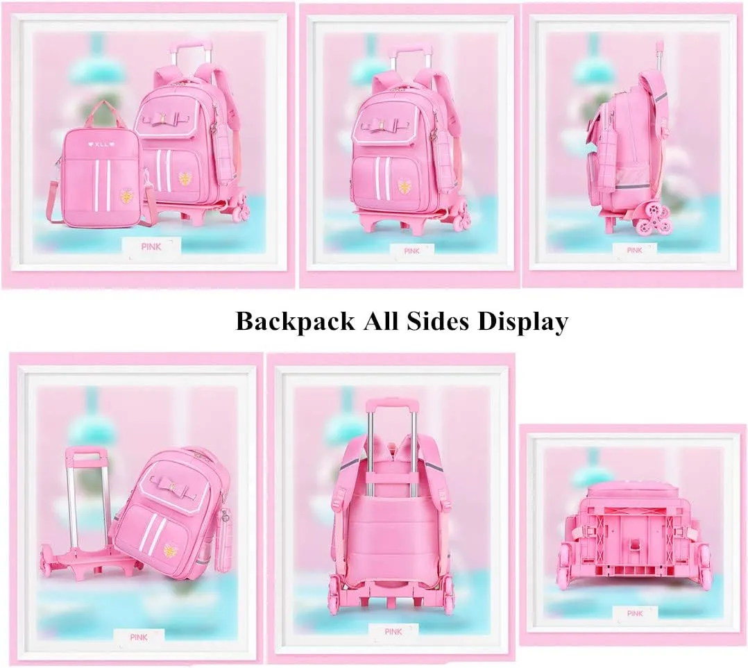 Bowknot Kids Girls Rolling Backpack Cute Carry-on Luggage with Wheels Trolly BookBag for School-2 Wheels
