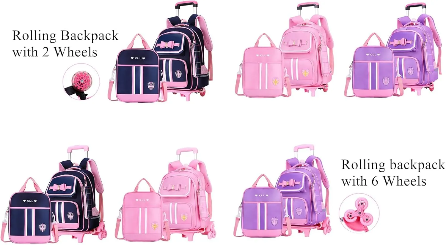Bowknot Kids Girls Rolling Backpack Cute Carry-on Luggage with Wheels Trolly BookBag for School-2 Wheels