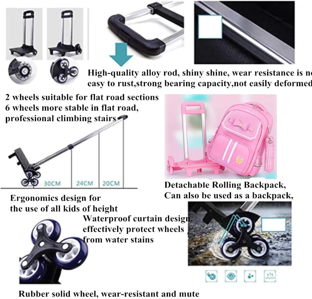 Bowknot Kids Girls Rolling Backpack Cute Carry-on Luggage with Wheels Trolly BookBag for School-2 Wheels
