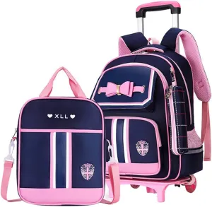 Bowknot Kids Girls Rolling Backpack Cute Carry-on Luggage with Wheels Trolly BookBag for School-2 Wheels