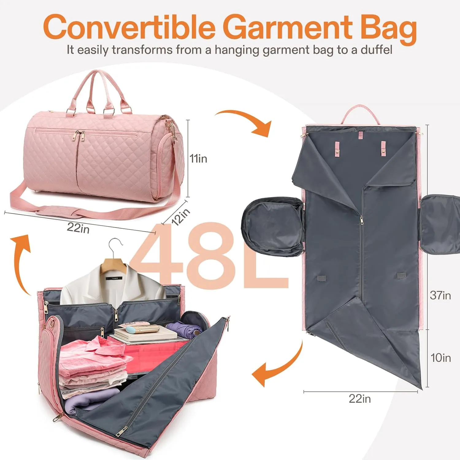 Carry on Garment Bag, 2 in 1 Convertible Travel Bags with Premium SBS Zipper & Upgraded Anti-Slip Zipper Design, Detachable Shoulder Strap Duffle Bag with Toiletry Compartment & Shoe Pouch for Women