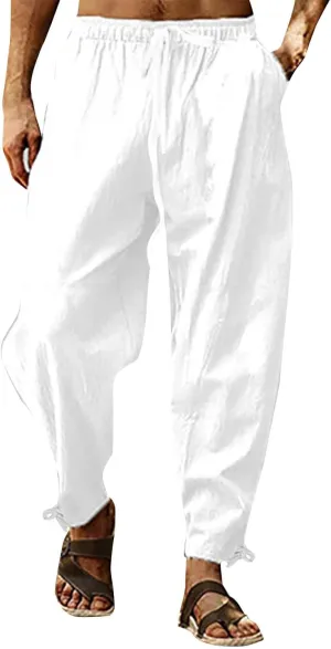 Casual Cotton Linen Pants for Men 2025 Summer Beach Elastic Drawstring Waist Yoga Pants Travel Baggy Work Trousers