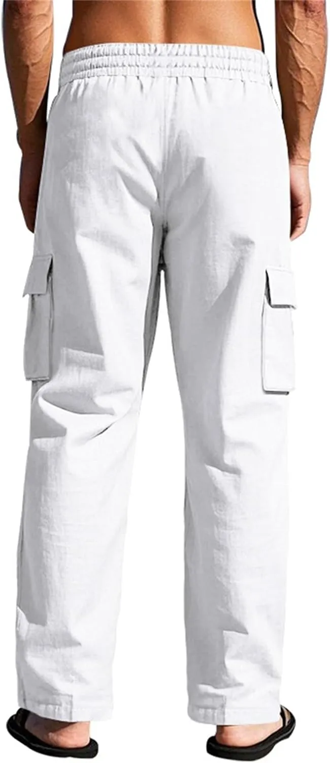 Casual Linen Cargo Pants for Men Summer Elastic Waist Pant with Pockets Relaxed Fit Beach Yoga Travel Lounge Trousers