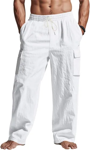 Casual Linen Cargo Pants for Men Summer Elastic Waist Pant with Pockets Relaxed Fit Beach Yoga Travel Lounge Trousers