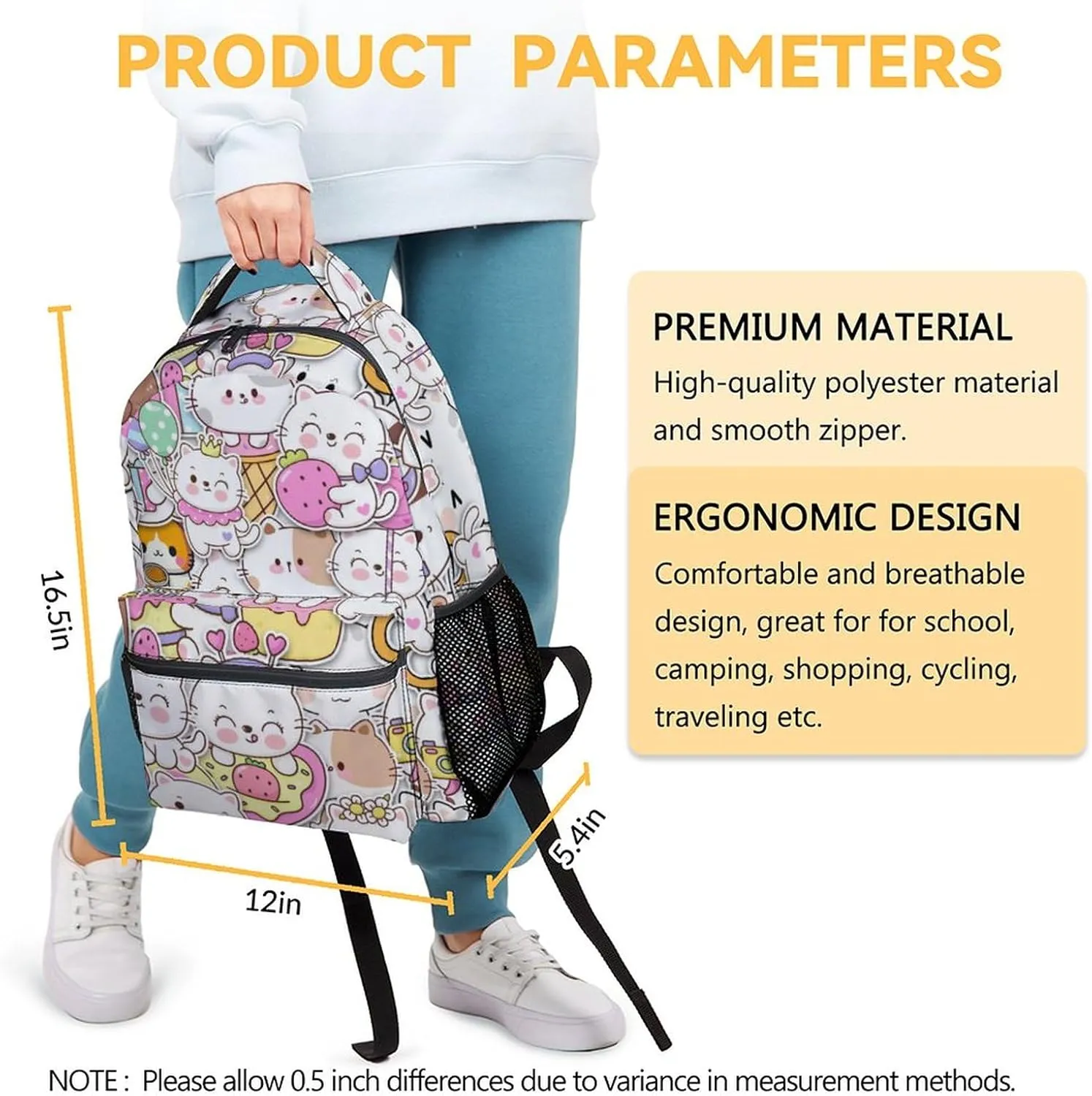 Cat Backpack for Girls Boys, 16 Inch Colorful Backpacks for School, Cute Lightweight Durable Bookbag for Kids